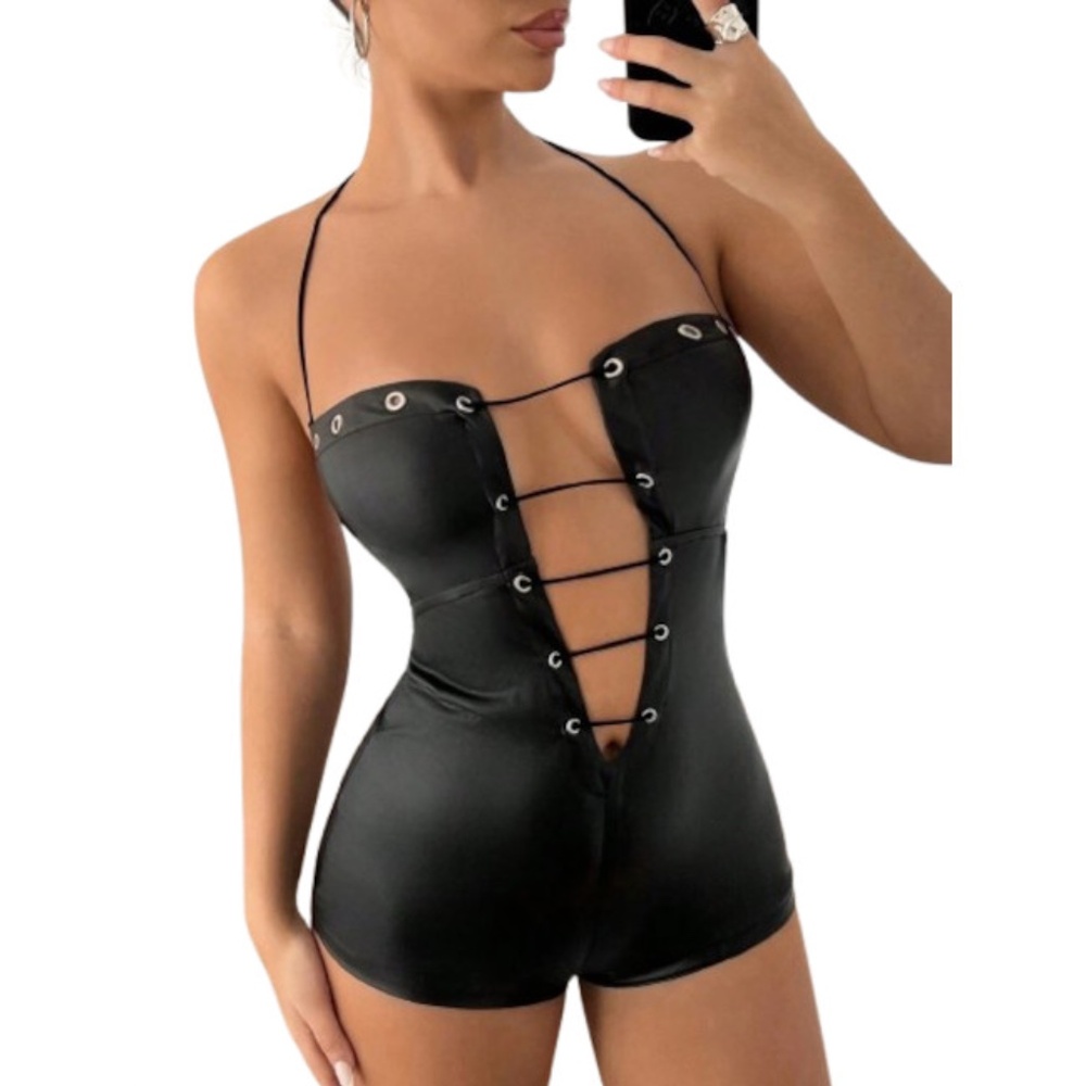 NWT Shein Icon Black Halter Romper Onesie Swimsuit 2 XS